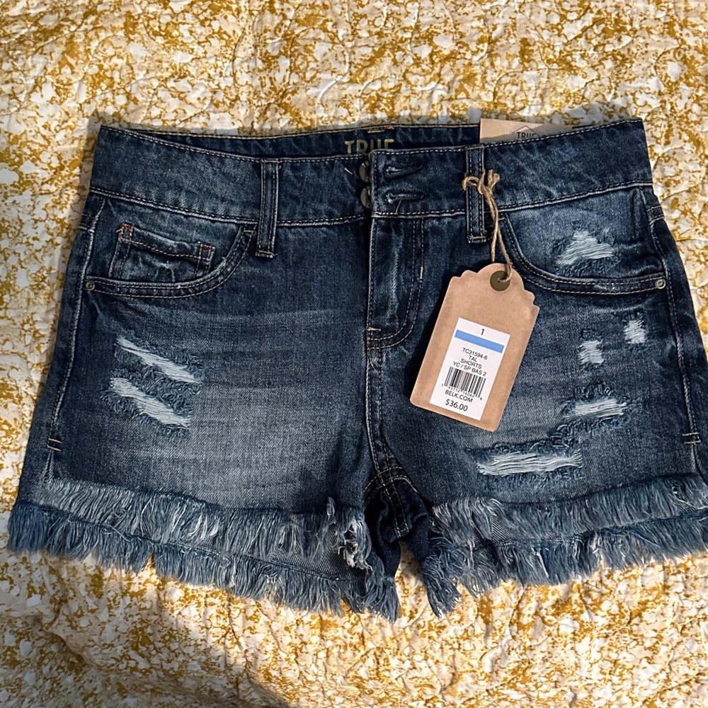 True Religion Distressed Frayed Hem Jean Shorts